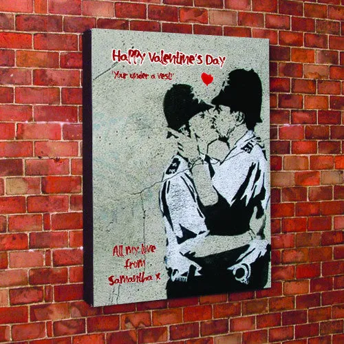 Banksy Print  Personalised Valentines Kissing Police officers Canvas