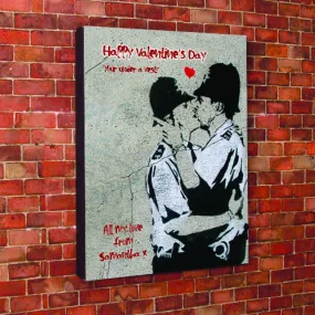 Banksy Print  Personalised Valentines Kissing Police officers Canvas