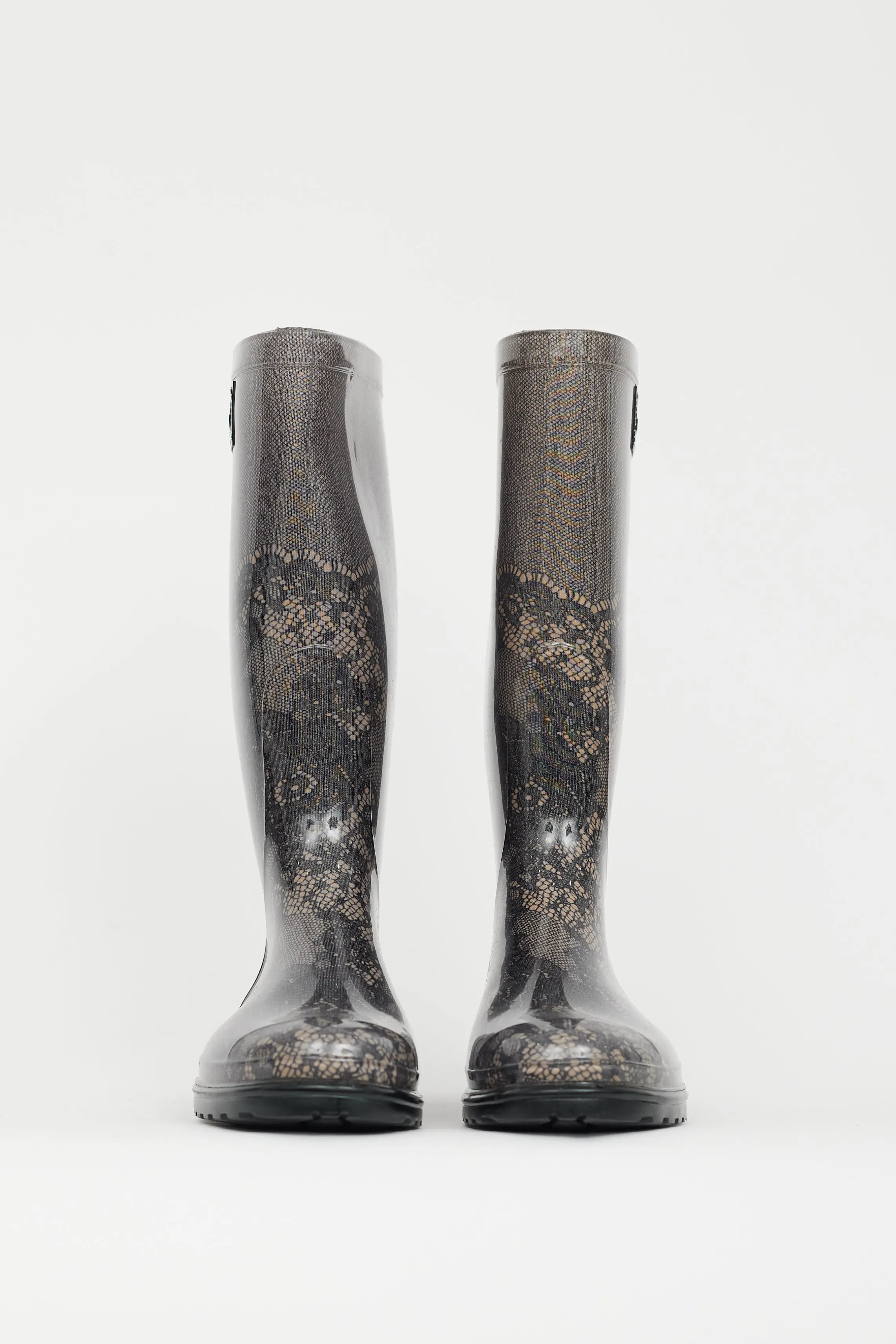 Black & Beige Lace Print Rubber Boot