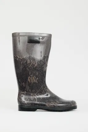 Black & Beige Lace Print Rubber Boot