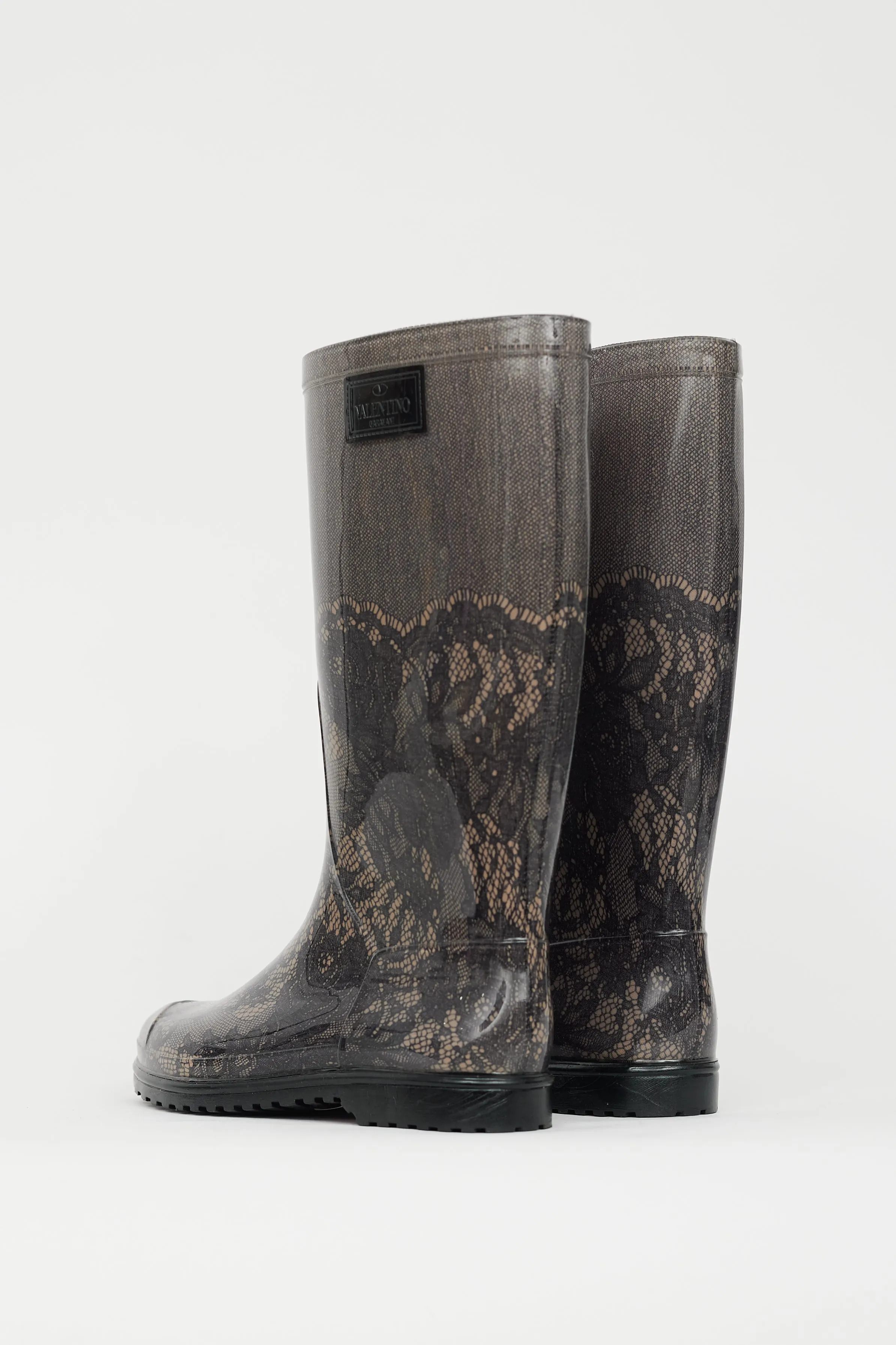 Black & Beige Lace Print Rubber Boot