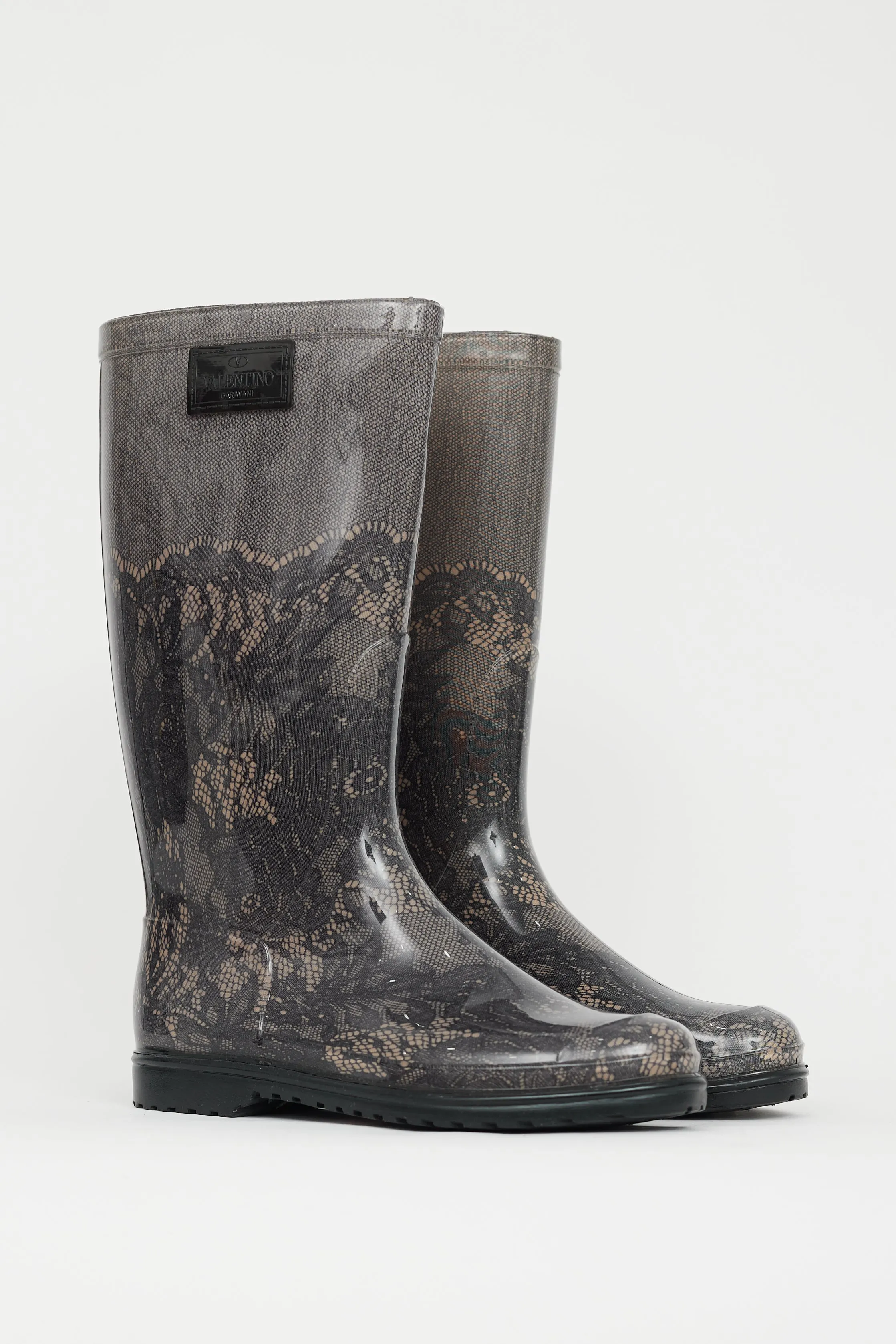 Black & Beige Lace Print Rubber Boot