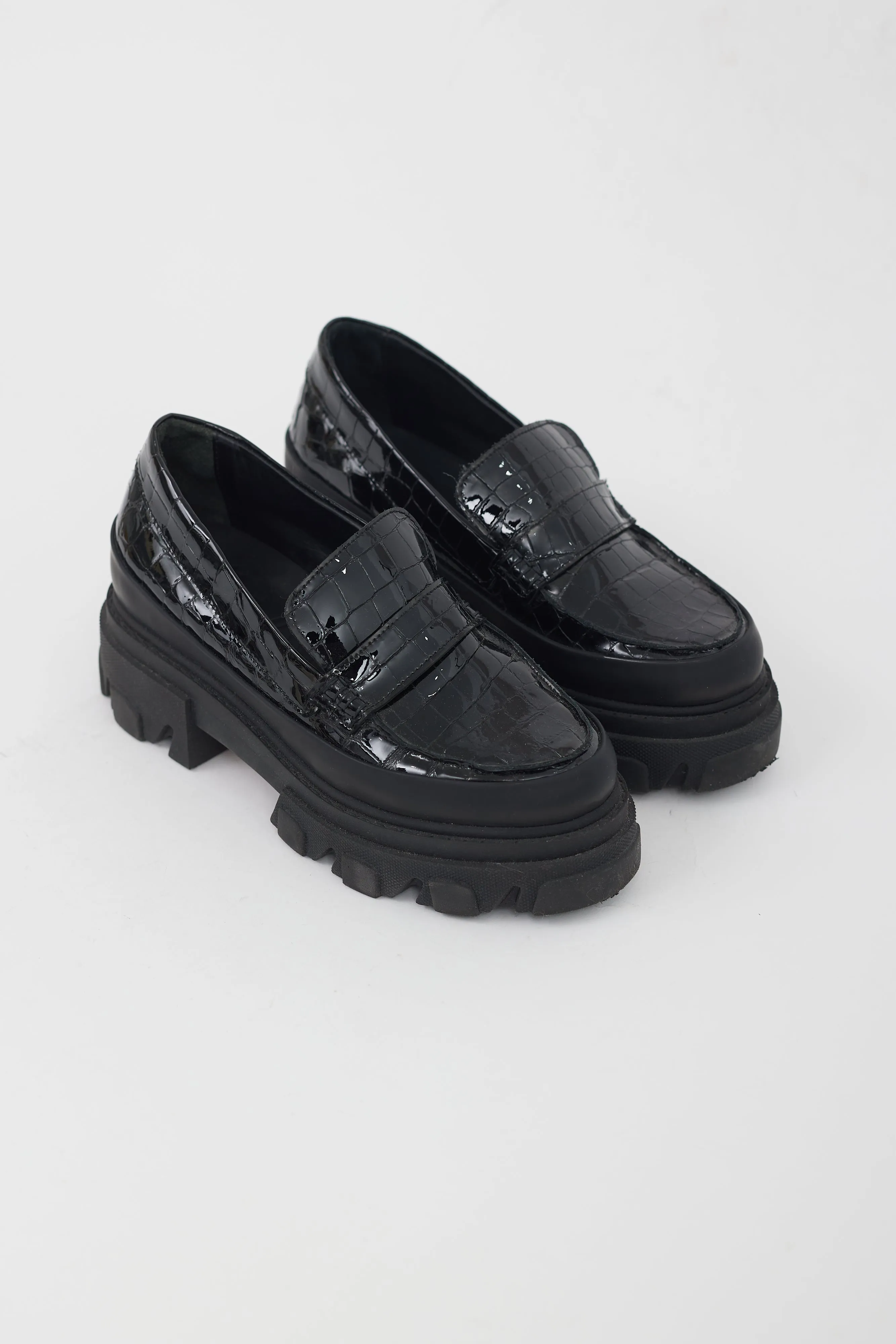 Black Leather Textured Platform Loafer