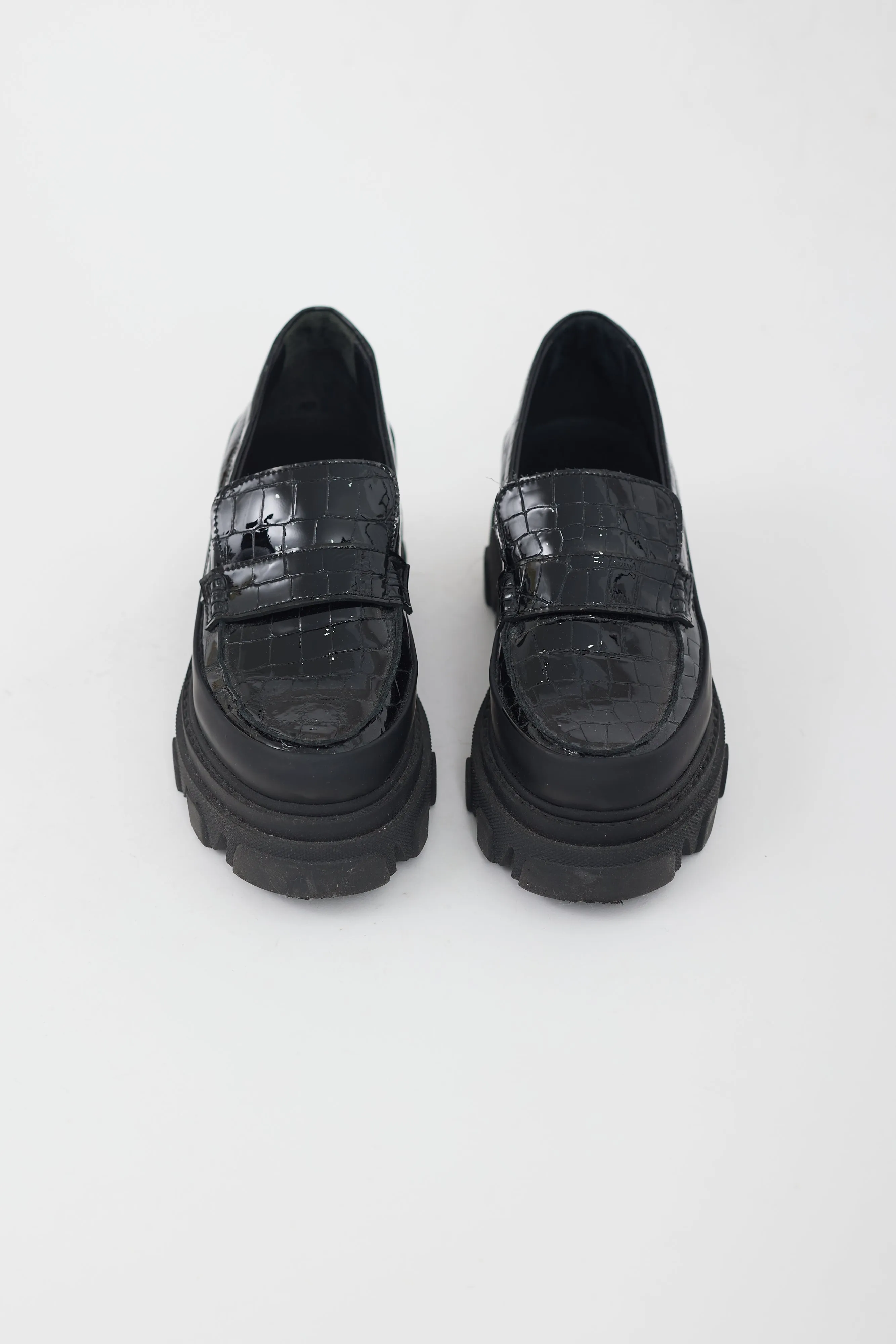 Black Leather Textured Platform Loafer