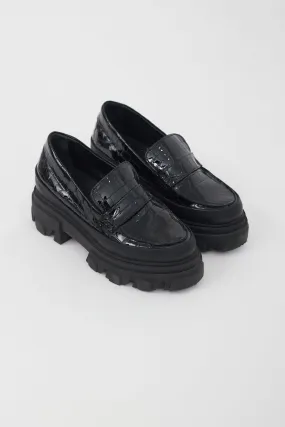 Black Leather Textured Platform Loafer