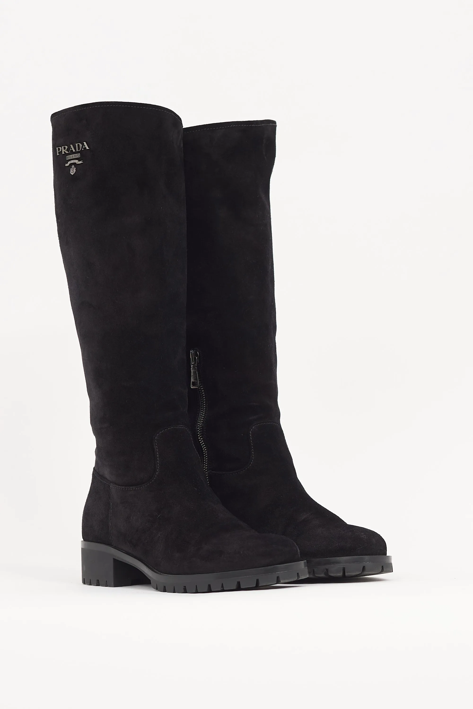 Black Suede Knee High Logo Boot