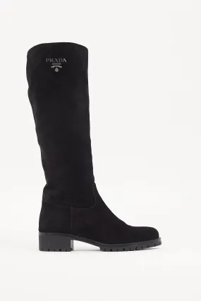Black Suede Knee High Logo Boot