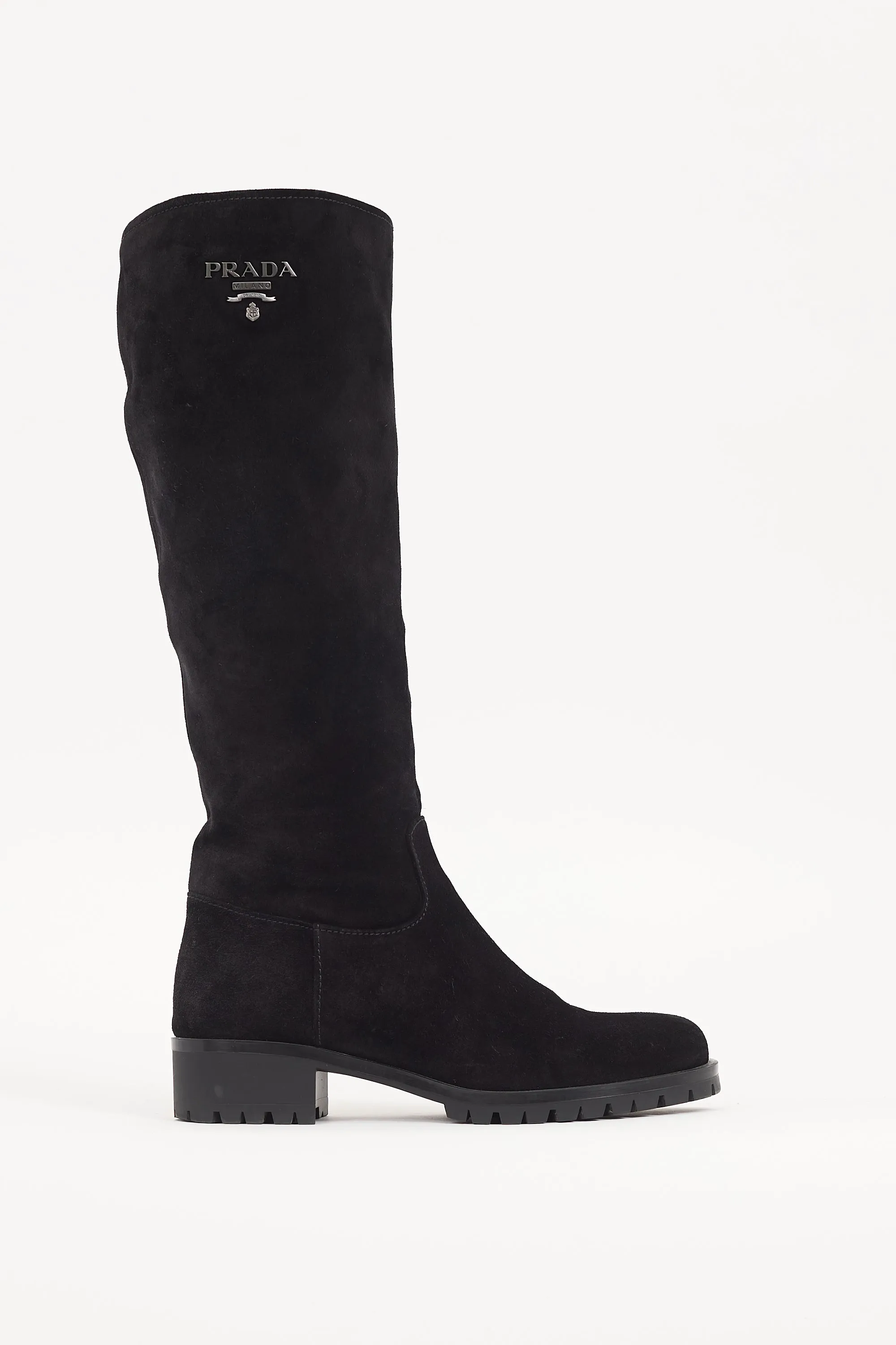 Black Suede Knee High Logo Boot