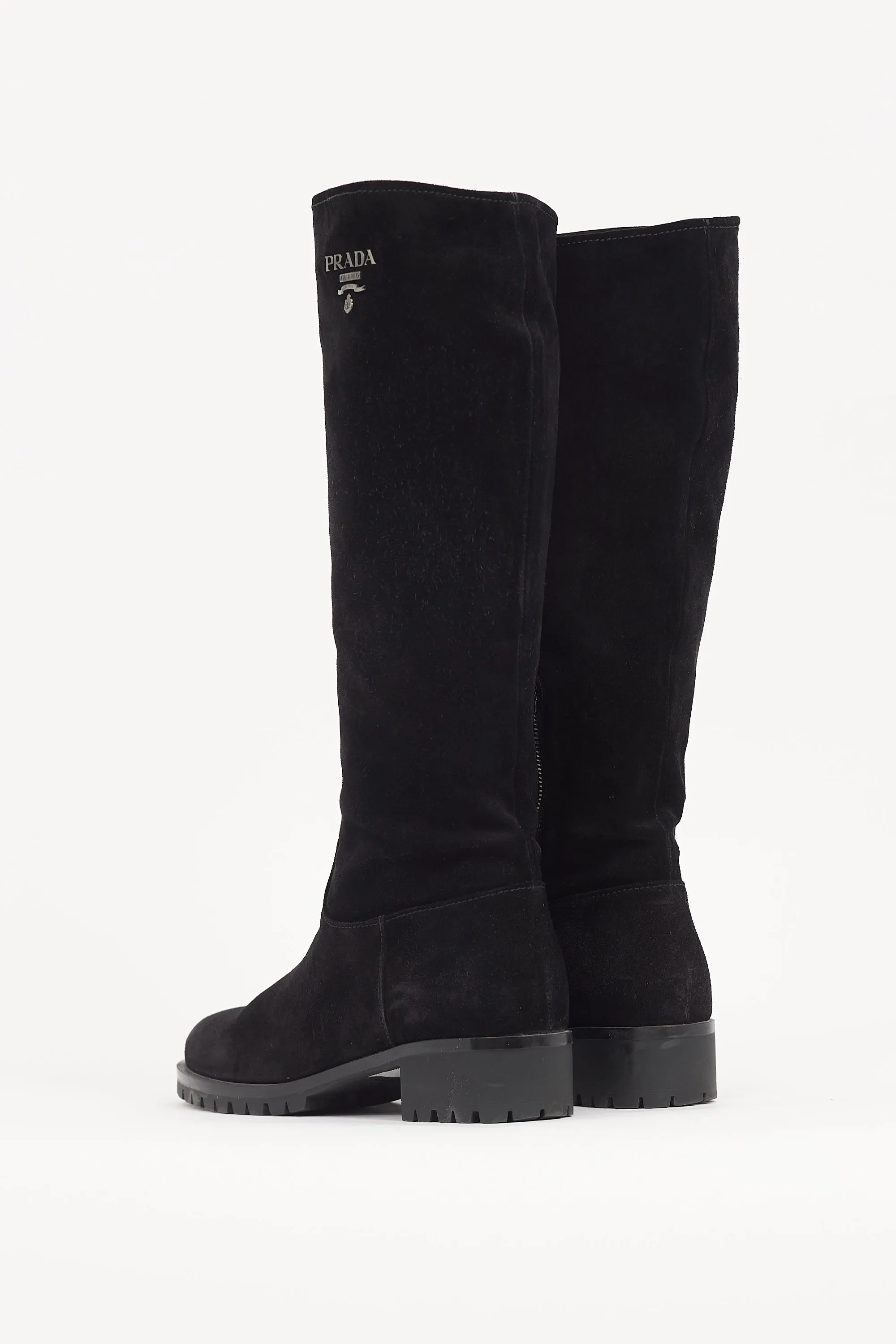 Black Suede Knee High Logo Boot