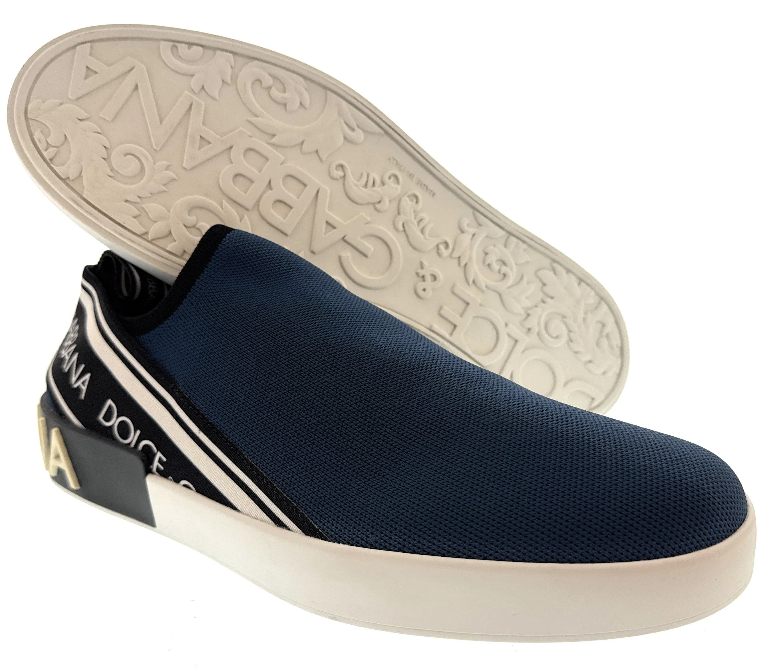 Dolce & Gabbana Men's Blue Logo Stretch Knit Slip-On Sneakers-EU43