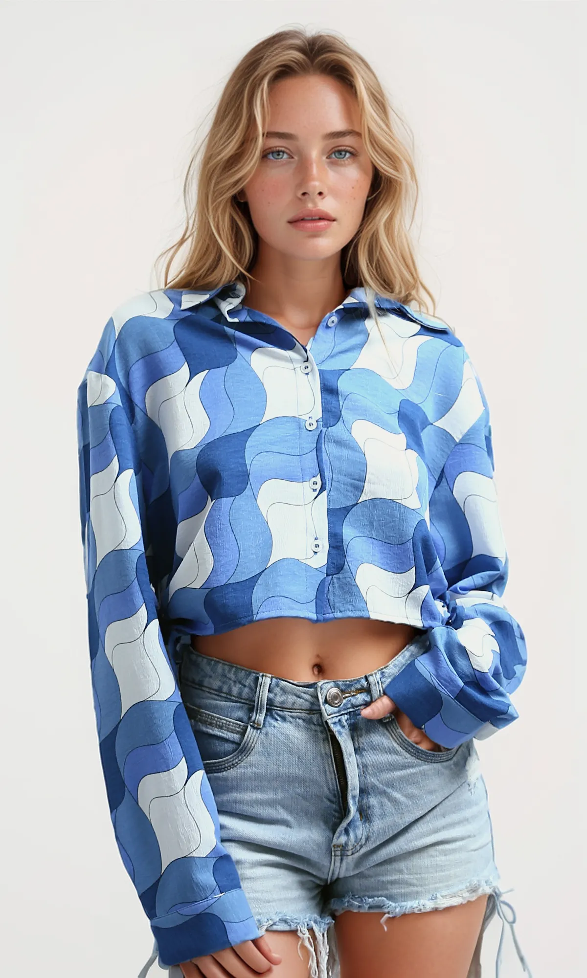 O191218 Buttoned Short Shirt With Side Drawstring - White & Blue