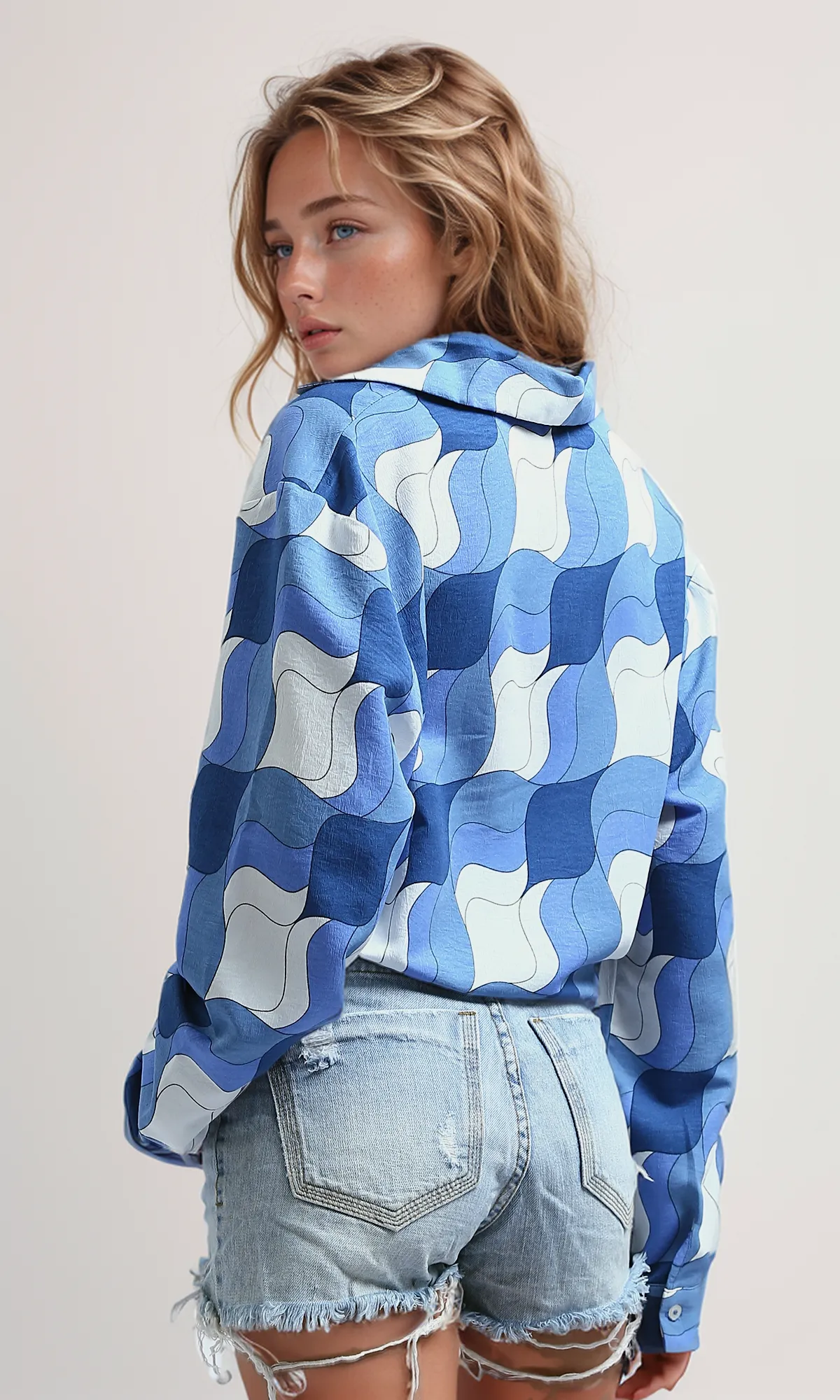 O191218 Buttoned Short Shirt With Side Drawstring - White & Blue