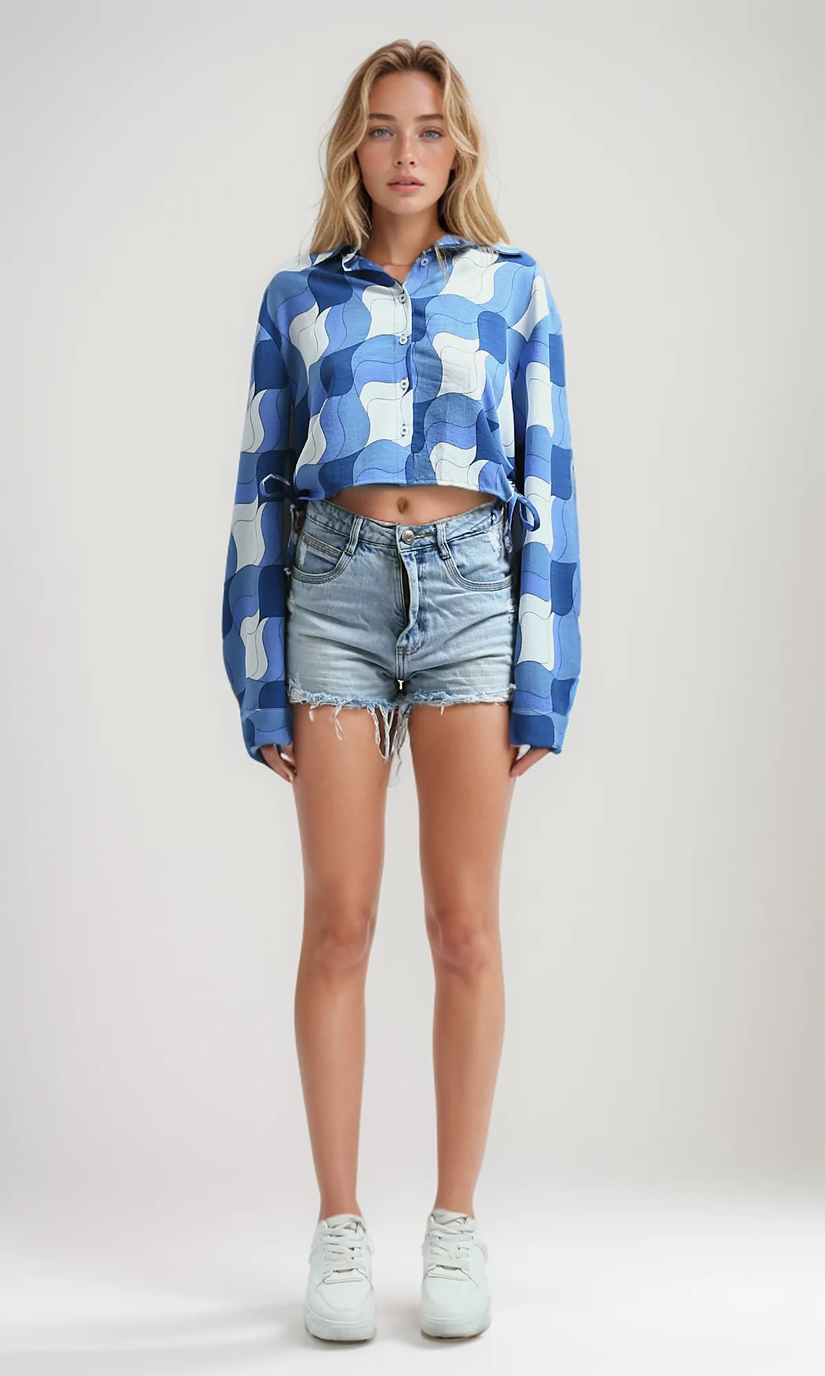 O191218 Buttoned Short Shirt With Side Drawstring - White & Blue