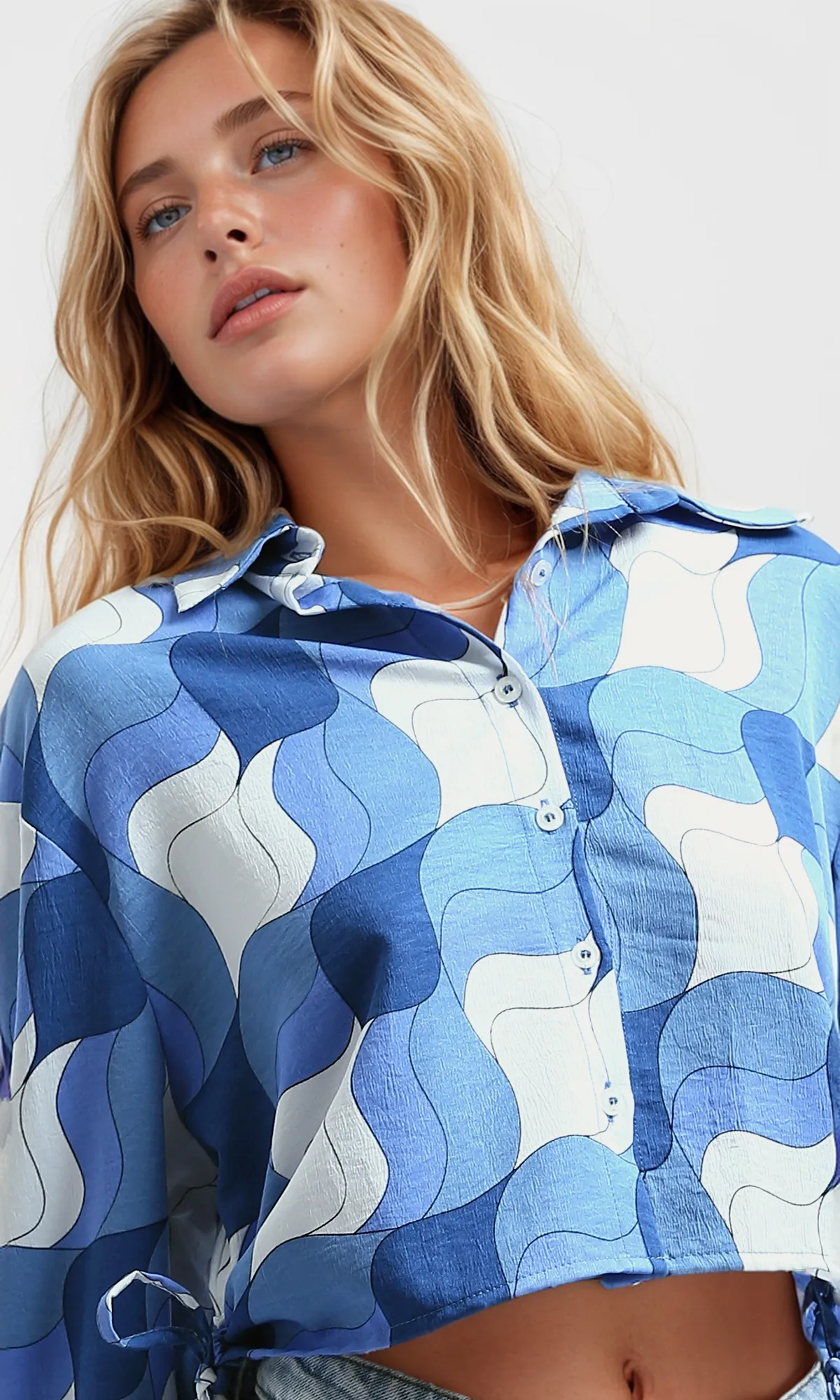 O191218 Buttoned Short Shirt With Side Drawstring - White & Blue