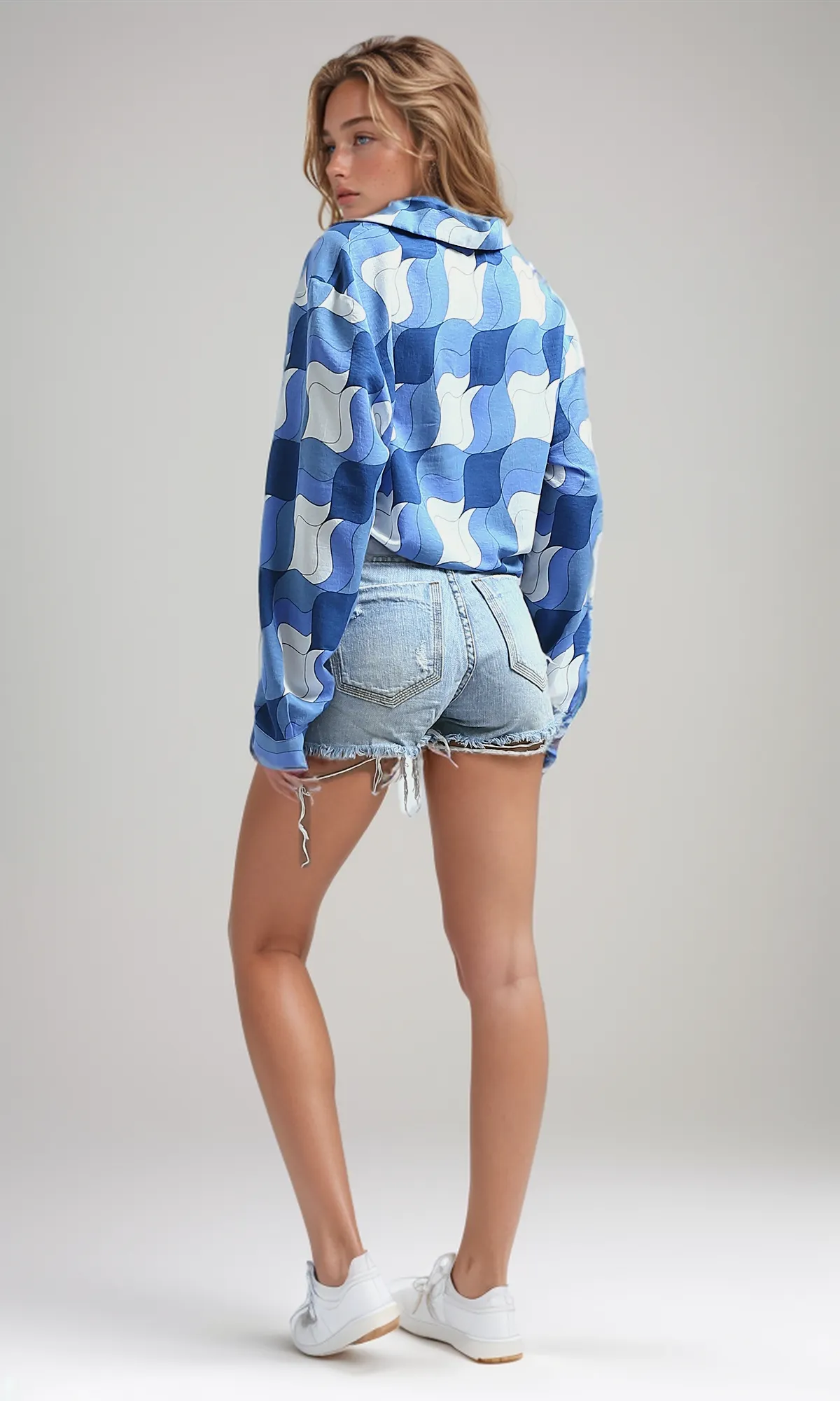 O191218 Buttoned Short Shirt With Side Drawstring - White & Blue