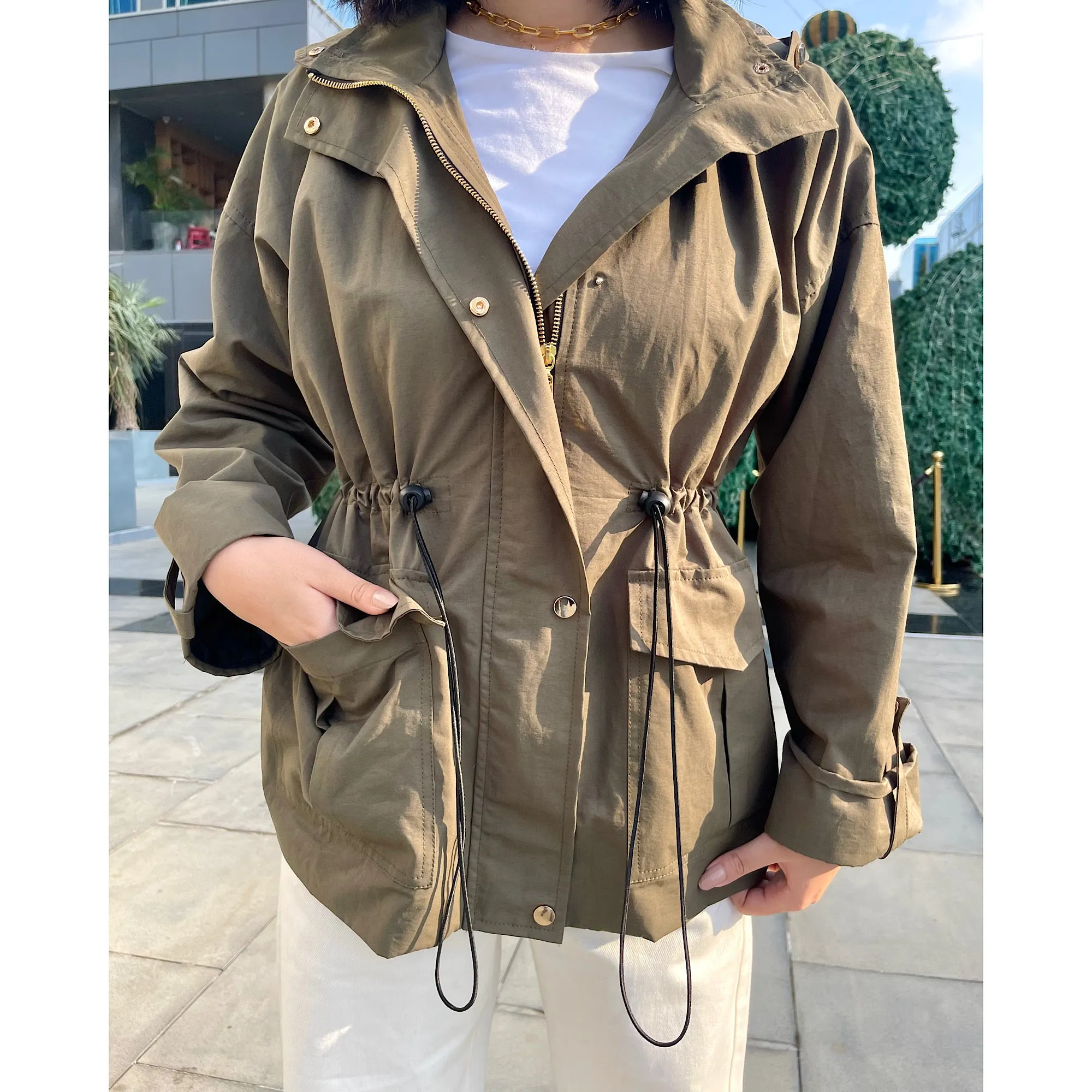 Waterproof drawstring hooded jacket